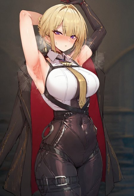 score_9,score_8_up,score_7_up, 1girl, Evelyn_ZZZ, medium breasts, blonde hair, black gloves, breasts, purple eyes, jewelry, necktie, jacket, looking at viewer, tight dress, indoors, short dress, covered navel, tight clothes, taut dress, taut clothes, bare shoulders, open clothes, curvy, standing, collarbone, cowboy shot, thick thighs, sleeveless dress, doorway, door, arm above head, armpit crease, armpits, arms up, sweat, sweatdrop, steam,