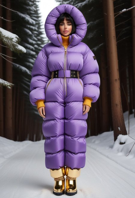 ((((puffer padded jacket)))), ((((puffer padded coat)))), ((((full body)))), ((((fur boots)))), ((((puffer pants)))), ((((puffer hood up)))), winter, snow, forest, 1girl, solo, (masterpiece), detailed face, detailed eyes, (beautiful detailed eyes:1.5), sidelighting, (super detail, hyper detail, intricate_details, detailed), (semi realistic:1.6), (Bob cut), blunt bangs,(black hair), (purple eyes, eyelashs), tanned skin, smug smile, angry face, Golden jewelery, golden rings, golden necklace, golden armlets, golden chains, padded cuffs, padded collar, Thick padded cuffs, Thick padded collar, <lora:Collar-SDXL:0.6>, <lora:Cuffs-SDXL:0.6>, <lora:Puffer_Jacket_and_Down_Jacket_-_Extra_Puffy_Jackets:0.4>, <lora:snowpants_v1:0.4>