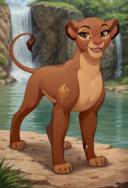 score_9, score_8_up, score_7_up, by reallynxgirl,  BREAK, solo, rani, lioness, ((feral)), female lion, fullbody,  brown body, reddish brown eyes, smiling, seductive pose, detailed background,  (seductive pose:1.2), (raised tail:1.6), lake, waterfall background, detailed background, front view, (seductive face), (teasing), (looking at viewer)