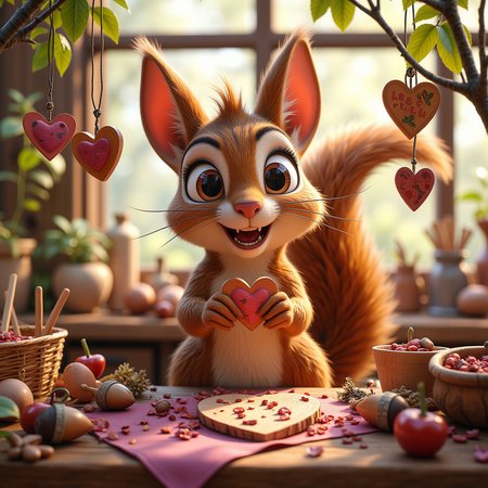 a busy squirrel sitting at a tiny workbench, surrounded by acorns, twigs, and other crafting materials. The squirrel is carefully crafting a heart-shaped token from a piece of wood, using tiny tools and a lot of love. A few finished tokens are displayed nearby, each one unique and special., <lora:Flux_Cartoon\Cute_3d_Cartoon_Flux.safetensors:0.5:0.5>