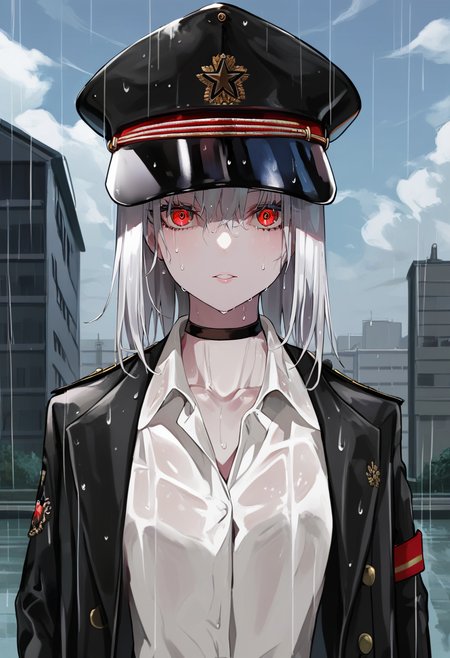 score_9, score_8_up, score_7_up, score_6_up, <lora:LAMXL_Js2_lokr_V4302:0.95> 1girl, red eyes, rain, hat, choker, solo, peaked cap, sky, looking at viewer, black choker, outdoors, shirt, uniform, aiguillette, building, military, military uniform, upper body, jacket, collared shirt, long sleeves, military hat, black headwear, black jacket, collarbone, parted lips, cloud, wet, white hair, blue sky, long hair, white shirt, medium hair, umbrella, cloudy sky, day