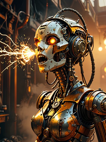 steampunk female robot screaming, mouth open   <lora:add-detail-xl:1>, electrical sparks,  masterpiece, 8k,warm colors, illustration, (volumetric fog:1.5)