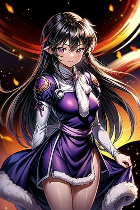 best quality 1girl Setsun4 solo long hair,  (night time) forest background black hair very long hair purple eyes multicolored hair armor, small, (fur trim) (medium body),<lora:EMS-179-EMS:0.800000>,<lora:EMS-293862-EMS:0.800000> bow, hair_bow, hair_tubes, red_bow, brown_hair, long_hair, bangs, ascot, frilled_bow, yellow_ascot, blush, smile, hair_between_eyes, athletic, armor, miko, ,(((intricate outfit,intricate clothes,embroidered outfit,ornate outfit,embroidered clothes,ornate clothes))), strengthmda