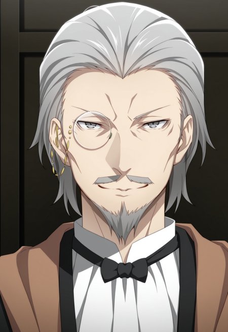 solo, masterpiece, modern, new, 1boy, male, masculine face, daddy looking face,

BSDHirotsu, grey hair, mustache, beard, monocle, bow, scarf, bow, white shirt, black coat, portrait, headshot, looking at viewer, smiling