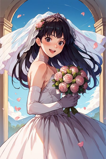 score_9, score_8_up, score_7_up, score_6_up, source_anime, 1girl, solo, <lora:tsukasaayatsuji-pdxl-nvwls-v1-000005:1> amagamitsu, black hair, long hair, black eyes, wedding dress, bridal veil, elbow gloves,holding bouquet, happy, open mouth, blush, looking at you, from side, blue sky, meadow