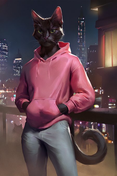 masterpiece, best quality, highres, newest, concept art, digital art, realistic, anthro, furry, black cat, cat, black fur, green eyes, pink hoodie, grey pants, muscular, 1boy, solo, male focus, mature male, looking at viewer, cowboy shot, standing, outdoors, city, building, night, night sky, dark background <lora:Pink Dreams [LoRA] - NoobAI-XL EPS 1.0:0.8>