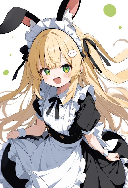 score_9, score_8_up, score_7_up, source_anime BREAK 1girl, solo, rabbit ears, maid, smile, frilled apron, white shirt, black skirt, green eyes, white apron, animal ears, blush stickers, :d, simple background, alternate costume, animal ear fluff, puffy sleeves, holding, skirt, enmaided, long hair, hair ornament, wrist cuffs, short sleeves, waist apron, open mouth, collared shirt, puffy short sleeves, shirt, frills, white background, fang, apron, very long hair, fake animal ear, maid headdress, blonde hair
 <lora:Siro9_pony:1>