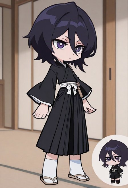 masterpiece, best quality, hires, absurdres, anime screenshot, 1girl, solo, bcrka, black hair, short hair, hair between eyes, dark purple eyes, black kimono, white sash, black hakama, wide sleeves, socks, zouri, zzzemoji, chibi