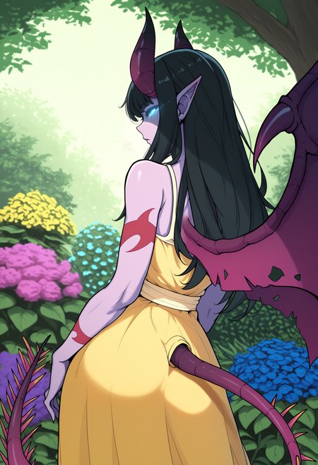 masterpiece, best quality, 1girl, solo, <lora:NSSayaadWoW:1> NSSayaadWoW, pointy ears, black hair, long hair, blue eyes, glowing eyes, horns, wings, spiked tail, colored skin, light purple skin, arm tattoo, yellow sundress, from behind, looking back, garden, outdoors