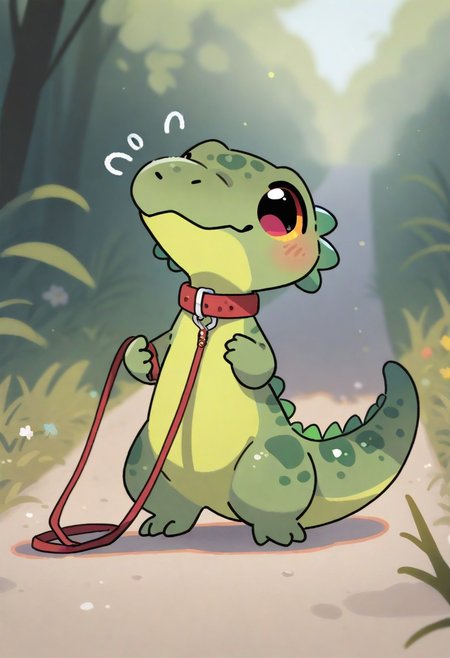 (masterpiece, best quality, high quality, highres), very awa, highres, absurdres,
(naguru \(cyoroama\), (chii-kun \(seedyoulater\):0.7), 
pikaole, cute, animal focus,
(lizard:1.1), embarassed, (cute:1.2), (solo:1.2), (axolotl:0.5), green skin, standing,
 red choker with buckle, leash
outdoors,