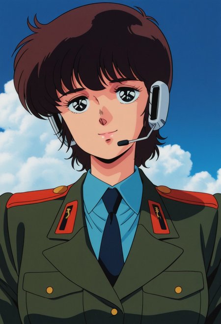 masterpiece, best quality, source_anime,official art,perfect_anatomy,1980s_\(style\),retro_artstyle,1girl,solo,rose pattenton,1girl,black eyes,brown hair,short hair,military uniform,necktie,headset,looking_at_viewer,smile,upper body,day,blue_sky,cloud