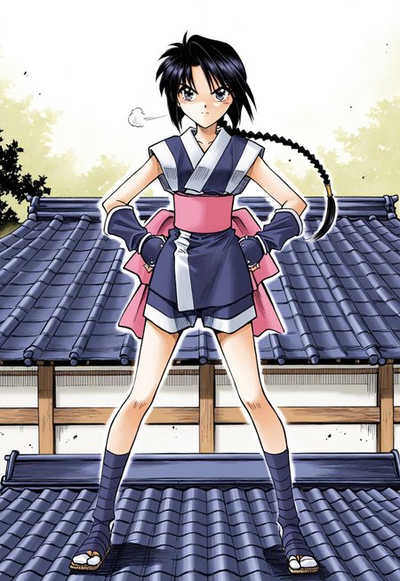 misao makimachi, short black hair, long braided ponytail, short angled bangs, short sidelocks, large eyes, thin eyebrows, petite body, rurouni kenshin, manga  
sleeveless ninja outfit with short skirt, fingerless gloves, thigh-high socks, sandals, confident expression, hands on hips or arms crossed, wind blowing her braid, standing on rooftop or high ledge, full body, solo character  
masterpiece, best quality, manga shading, dynamic composition, clean background
