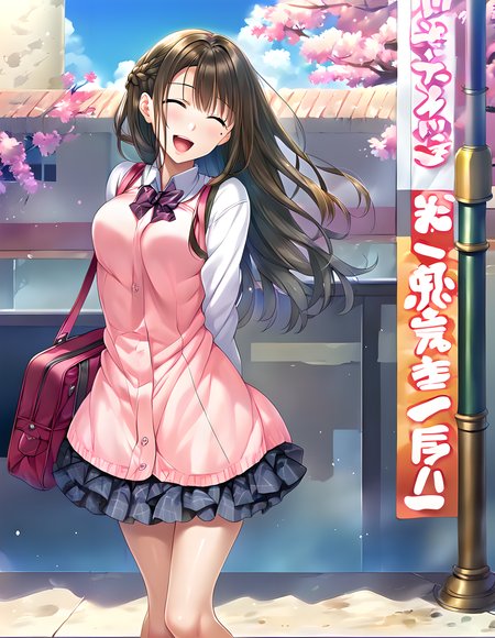<lora:pony_xl_ayame:0.8>,ayame,score_9,score_8_up,score_7_up,source_anime,1girl,looking_at_viewer,cityscape,sky,blouse,it's a lot of fun,laughing,parted_lips,hair fluttering in the wind,arms_behind_back,leaning_forward,knees_together_feet_apart,standing,mole,