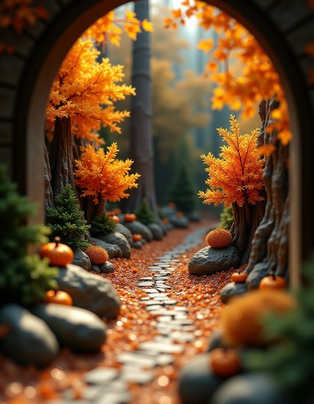 (indoor,very wide isometric view,tilt-shift lens:1.6), (miniature,diorama,no_realistic,no_photo:2) of (stasis _chamber:1.5), autumn wonderland