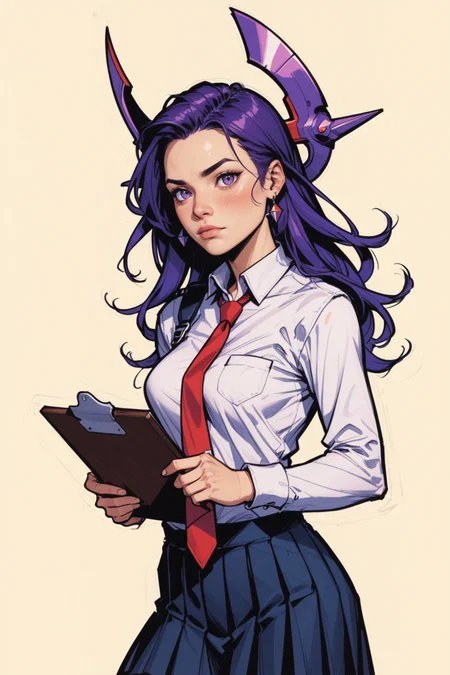 1girl, solo, purple hair, shirt, long hair, necktie, skirt, white shirt, purple eyes, looking at viewer, red necktie, headgear, breasts, collared shirt, blush, black skirt, closed mouth, long sleeves, pleated skirt, upper body, detached sleeves, holding, medium breasts, shirt tucked in, hair between eyes, shoulder cutout, earrings, clipboard, bare shoulders, jewelry, <lora:Expressive_H:0.5>, score_9, score_8_up, score_8_up, a_Comic_Illustration, rough lines with ink, (drawn:1.1), (sketch:1.5), (crosshatching:1.25), (comic style:1.1), graphic novel style, sharp lines, hires, zstyle, (western comics \(style\):1.1), (hatching \(texture\):1.2), zPDXL, Mr_Monster_Possitive