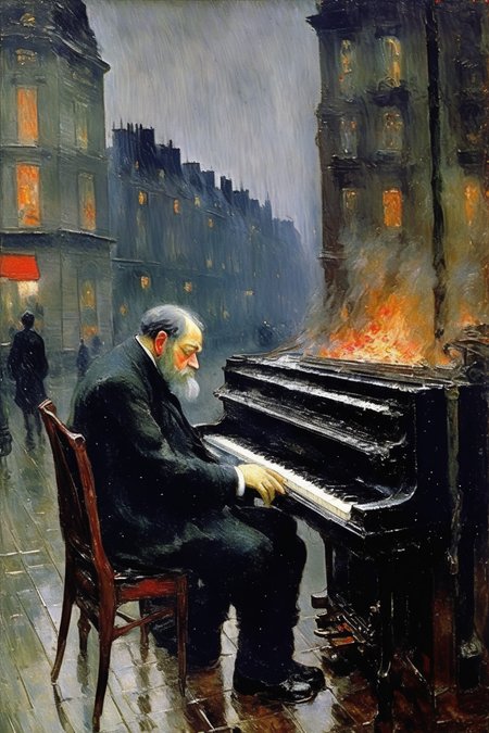 <lora:Konstantin Korovin Style:1>Konstantin Korovin Style - It is Paris, 1918. It is raining. Claude Debussy is an old man. He is dying. He sits at his piano, gazing out the window onto the Parisian street. In the distance we see German warplanes and burning buildings. Early 20th century impressionist.