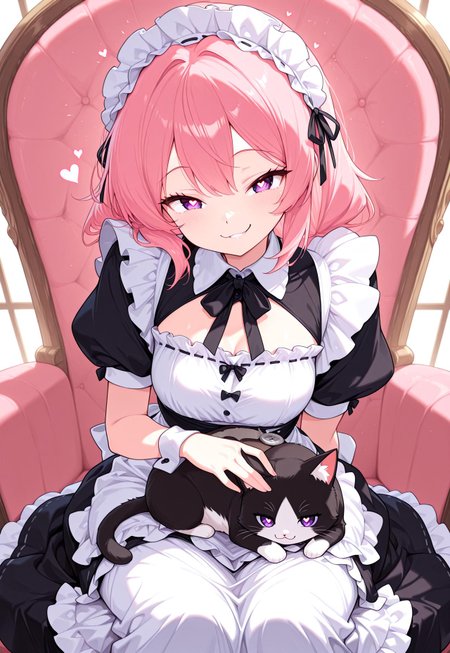 absurdres, masterpiece, 1girl, anime girl, solo, looking at viewer, BREAK, CivChan, purple eyes, pink hair, BREAK, maid headband, maid outfit, long skirt, BREAK, smile, smug, sitting, petting cat, cat on lap, pink, coins, hearts, heart pupils,