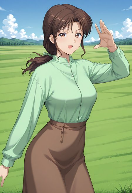 kuon_setsuko, brown eyes, brown hair, ponytail, long hair, mature female, long sleeves, green shirt, brown skirt, <lora:kuon_setsuko_illustrious_ver1:0.8> 
smile, open mouth,, masterpiece, best quality, sensitive,, 1girl, solo, blue sky, (grasslands:1.2), looking at viewer,, (cowboy shot, dynamic pose:1.4),