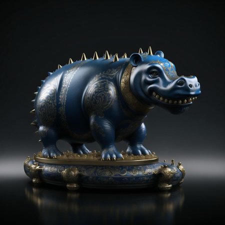 <lora:porcelain_gzhel_black:1.0>, (black  porcelain, Gzhel, rococo:1.0), 

  Hippopotamus - A hefty, gray-skinned animal with a wide mouth, two sharp teeth, and tiny eyes.