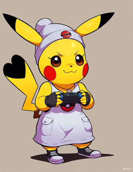zPDXL, score_9, score_8_up, score_7_up, score_6_up, score_5_up, source_anime, 4k, absurdres, 1girl, solo, 
<lora:Cosplaychu_v1-1-20:0.8>, cosplay pikachu, pokemon \(creature\), pikachu ears, pikachu tail, feral, eyelashes, shortstack, flat chest,
gamer wearing a silver cosplay dress with themed elements with game logo, high-top sneakers, fingerless gloves,cool beanie,gaming necklace, holding a game controller, gaming console,