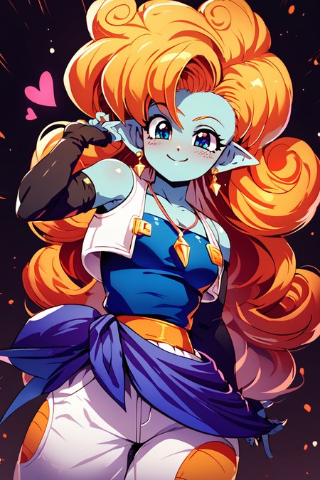 score_9, score_8_up, score_8, medium breasts, (curvy), cute, eyelashes,       BREAK, ,  zZangya, blue eyes, blue skin, pointy ears, orange hair, curly hair, long hair, big hair,  jewelry, necklace, detached sleeves, bare shoulders, vest, gloves, white baggy pants, <lora:Zangya_Dragonball_PDXL:0.8>, , BREAK, smile, closed mouth, looking at viewer, cowboy shot, ,,, embedding:zPDXL, Expressiveh, ,,, <lora:Konpeto_PDXL_v3:1.0>, <lora:SDXLFaeTastic2400:0.5>, <lora:Expressive_H-000001:0.4>,