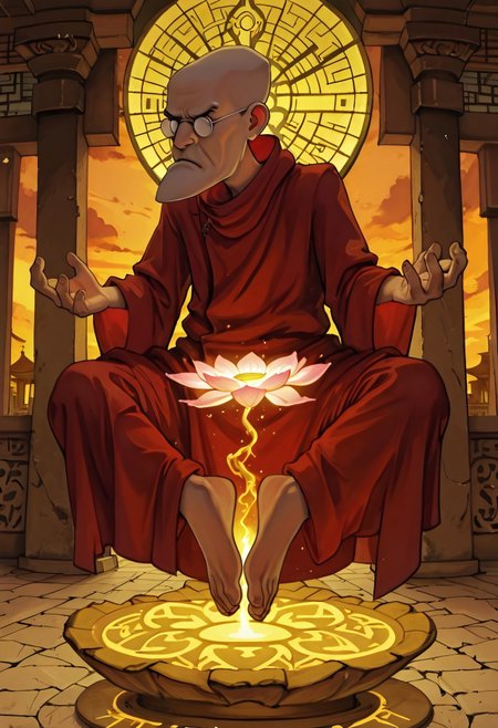 Masterpiece, best quality, highest quality, absurdres, realistic, solo, Eustace, Bagge, glasses, red Buddhist monk robe, grumpy expression, meditating, lotus position, levitating, hovering above ground, enveloped in energy, glowing chakras,  detailed background, no hat, Buddhist temple background, sunset, A3THER