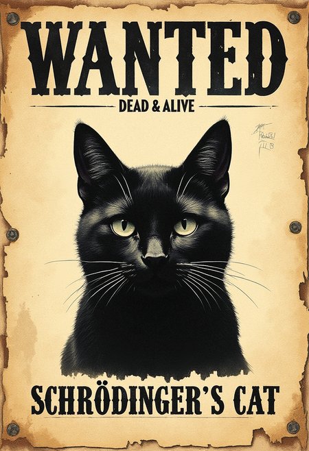 A stylized vintage 'wanted' poster with a rugged, weathered texture. The text at the top reads "WANTED" in large, bold, uppercase black letters. Below it, in slightly smaller text, it says "DEAD & ALIVE," with a distressed font. Under the text, there is a black silhouette of a cat's head with pointy ears, wide-open eyes, and sharp features. The cat's body is not fully visible, with the head being the central focus. At the bottom of the poster, in large bold letters, it reads "SCHRÖDINGER'S CAT" in a similar distressed black font. The entire poster has a torn paper appearance, with four visible metal rivets, one in each corner, securing it to a surface. The background is beige, adding to the worn, aged look.     <lora:FluxDFaeTasticDetails:0.83> <lora:sxz-Dark-Fantasy-v2-Flux:0.66> drkfnts style,