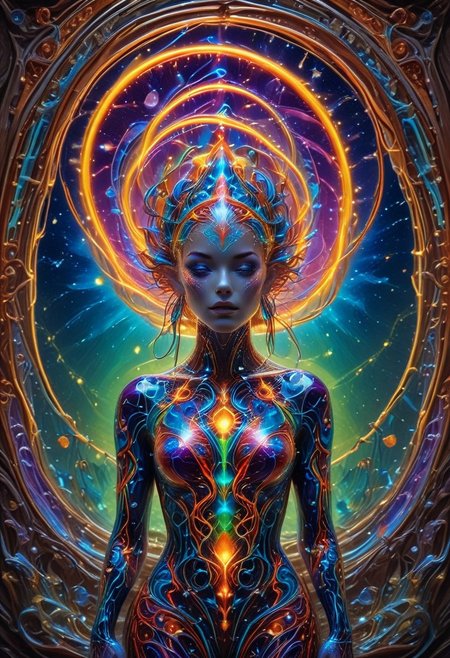 oriental art nouveau, earrings, red lips, planet, looking away, 1girl, necklace, gradient, city lights, purple theme, moon, a full body hi tech fire entity girl with multicolored flames, geometrical, purple and blue lights, green and blue lightning flames, pink energy electric eyes, professional photography of an fantastical cyber creature, young woman, shaved head Finely detailed, in a solarpunk environment, looking at viewer, solo, headwear removed, realistic, night blue sky, own hands, spooky makeup, entirely made of stars and galaxies, cyber light trails with whimsical elements, swirling magic, eerie fairytale landscape, elaborate fantasy style art, very colorful, intricate details, ultra sharp, exquisite detail, flawless composition, vivid colors, masterpiece, exciting background, made out of,colorful,liquid,Murano Art Glass