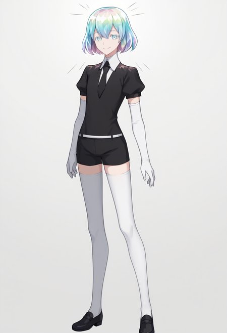 score_9, score_7_up, source_anime, simple background, white background, solo, 1girl, hskdmnd, smile, looking at viewer, standing, crystal hair, colored eyelashes, multicolored hair, short hair, black shirt, puffy short sleeves, collared shirt, black necktie, elbow gloves, white gloves, black shorts, white thighhighs, black footwear <lora:style_caststation_ponyXL-000030:1> <lora:Hoseki_HousekiNoKuni_Diamond_PDXL_v1:1>