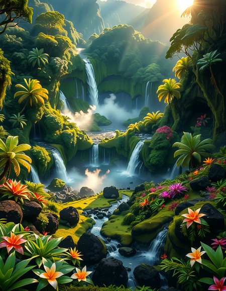 A breathtaking view of an ancient, dormant volcano now transformed into a lush, vibrant natural sanctuary. The crater is filled with dense tropical forests, colorful exotic flowers, cascading waterfalls, and mist swirling gently in the morning light. Vines and moss cover the dark volcanic rocks, and small streams wind down the slopes. while rays of sunlight pierce through the dense canopy, creating sparkling reflections on the water. The atmosphere feels peaceful, enchanted, and untouched by humans. The scene is depicted in an ultra-detailed, hyper-realistic style, with warm, soft lighting and rich, saturated colors that enhance the magical and serene mood of the landscape.
<lora:SDXLFaeTastic2400:0.4> <lora:extremely_detailed:0.4> extremely detailed, <lora:dormant_v0lc4n0:1>,dormant v0lc4n0, Masterpiece,best quality,hi res,8k,hi res,8k,award winning,(sharp focus, intricate, highly detailed),