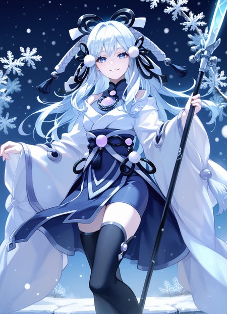 (score_9:0.9),score_8_up,score_7_up,rating_safe,(zPDXL3),(zPDXL),
masterpiece,intricate details,anime,4k,best quality,anime style,
<lora:Yuki-Onna, the Absolute Zero Mayakashi ponyXL v1:0.76>,winter,blue theme,
yuki-onna the absolute zero mayakashi,1girl,solo,smile,polearm,looking at viewer,white japanese clothes,black thighhighs,blue theme,holding polearm,black hair ribbon,blue bodysuit,pink chest jewel,