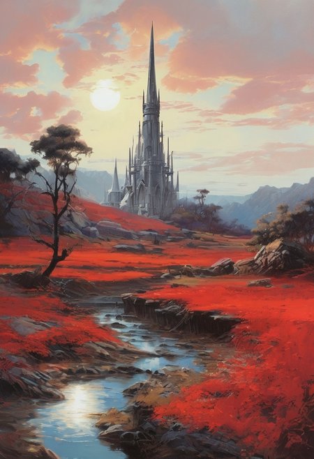 (landscape in the style of Roger Dean:1.4), (single slender towering spire with graceful curves arching up into the sky:1.9), (Rodney Matthews:1.3), closeup on a princess in a red flowing gown, high contrast, (chiaroscuro:1.5), <lora:add-detail-xl:0.75>, <lora:xl_more_art-full_v1:0.5>