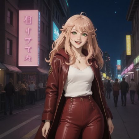 score_9, score_8_up, score_7_up , 1girl, solo, long hair, pink hair ribbon, cowboy shot, nightclub, neon lights, bokeh, depth of field, blush, happy, makeup, open leather jacket, red leather high waist pants, signora, Robina, long hair, hair between eyes, green eyes, pointy ears, elf, blonde hair, ahoge, Cyberpunk.
