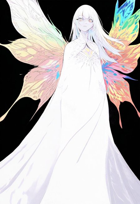 solo, looking at viewer, rainbow-colored eyes, black background, 1woman, long white hair, extremely pale skin, serious, all white gown (pure white), vibrant rainbow butterfly wings, masterpiece, best quality, very aesthetic, absurdres
 <lora:monfornoob:0.95>