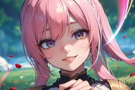 (masterpiece:1.4), 4K8K, (anime style), (high shutterspeed:1.4), (sharp edges), 
SyFyEye1, FanFo, 
1woman  hands togather,  leaning foward, face focus, smile, closed mouth, 
wearing Celtic style dress, (Detailed face, Detailed eyes, Detailed lips), (solo), 
pink hair, any colored roses, Fantastic, grass firld, lakeside,