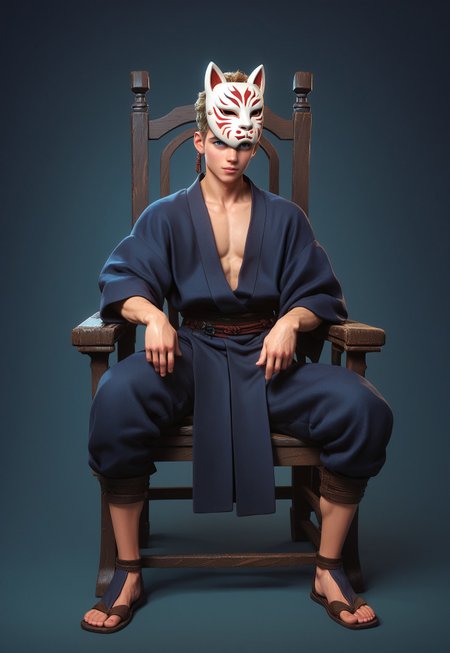 score_9,score_8_up,score_7_up,score_6_up, 1boy, young boy,(handsome, cute) solo, blue eyes, blond hair, ((fox mask on face)), sitting on sci-fi chair, (muscular body:0.9)), Sci-fi Environments, Sci-fi chair, jedi robe,  belt, brown clothes, robe, coat, 1boy, male focus, full body, 