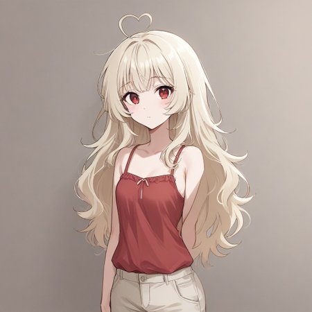1girl, 3v4ngl13, pale blonde hair, red eyes, camisole, trousers,