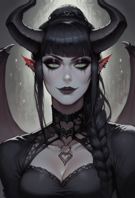 score_9, score_8_up, score_7_up, arts_angel. arts_angelstyle. Christian Angel. Christian Angel Style detailed_eye_model, BREAK, 1woman portrait, beautiful, dramatic lights ((Succubus, Demon Girl, Succub, horns, seductive, seductive look, goth, goth girl, goth makeup, green eyes, wings, bat wings grey skin, grey colored skin, black hair, long braided ponytail, bangs, side bangs, happy, smug))