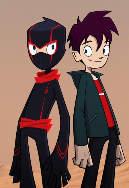 masterpiece,best quality,amazing quality, 2boys, back-to-back,
RandyCunningham, 1boy, male focus, blue eyes, purple hair, shirt, red shirt, jacket, green jacket, open jacket, black pants, outdoor, smile, BREAK
1boy, male focus, blue eyes, ninja, mask, black bodysuit, scarf, red scarf,