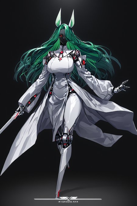score_9, score_8_up, score_7_up, score_6_up, score_5_up, score_4_up, BREAK, source_anime, solo, 1girl, rating_safe, ((mature female)), ((long green flowing hair)), mechanical parts, ((plastic, polymer, metal body)), (big mechanical rabbit ears), mature female, (bunny ears), (animal ears), subdermal port, ((milf, mature female, big breasts)), hexagon lines in skin, naval uniform overcoat, naval uniform, white military uniform, dress_uniform, ribbons, ((red eyes)), bunny tail, rabbit tail, aiguillette, ((green hair)), ascot, ((Eye-level angle view Close shot (focus on knees), Dancing, pretending to be a cute fairy )), pilot suit, shoulder cutout, bunny rabbit Tail, ((hair over one eye, )), digitigrade, clawed feet, minimal clothes, ((metal skin, shiny skin, vampire aesthetic, digital eyes, filled eyes, monochromatic eyes, glowing eyes, colored sclera, red sclera, mechanical eyes, partially shaded face, slit pupils, angular, minimal face, minimalism, narrow eyes, large eyes)), (anubis \(mythology\), anubis \(mythology\), ), <lora:Pony_DetailV2.0:1.5>, <lora:age_slider_v4:4>, ((dark, shaded, black background, horror, GREEN HAIR,)) <lora:ECHANIS:0.7>,   <lora:see-through_body_slime_version:1>