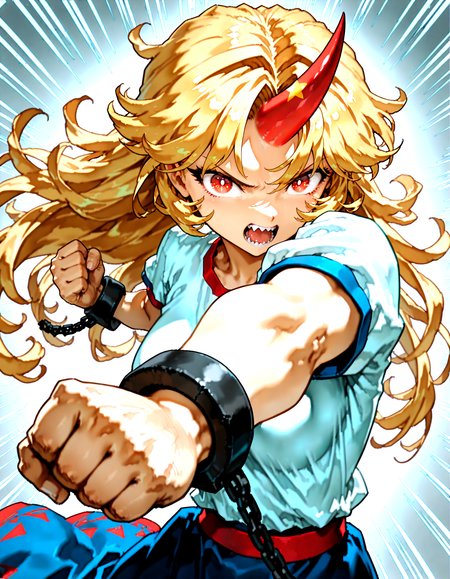 munakata_(sekimizu_kazuki):1.2,mogudan:0.8, hamada_yoshikazu ,toriyama_akira_(style) ,touhou ,hoshiguma_yuugi , highres ,1girl ,black_skirt, blonde_hair, breasts ,bright_pupils ,clenched_hands ,cuffs ,emphasis_lines, grey_background ,horns, incoming_attack, long_hair ,looking_at_viewer, medium_breasts, open_mouth, punching ,red_eyes ,red_horns, shackles ,sharp_teeth ,shirt, short_sleeves ,simple_background ,single_horn ,skirt solo, star_(symbol), teeth, upper_body ,white_shirt, messy_hair ,<lora:touhou_146:0.5>,<lora:illustrious_noobai_epsilon_pred_1_best_quality_v1:0.7> ,<lora:illustrious_noobai_epsilon_pred_1_masterpieces_v1:0.7>, <lora:ponyv4_noob1_2_adamW:0.7>,