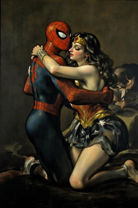 g0ya1 painting of Spider-man and Wonder Woman embracing in the rain  <lora:g0ya2_cap_d6a3e12:1.0><lora:823864144580300586:0>