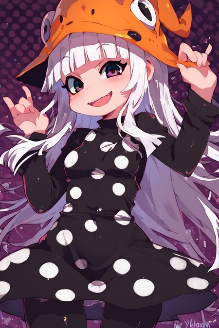 score_9, score_8_up, score_8, medium breasts, (curvy), cute, eyelashes,       BREAK, , zzEruka, black eyes, white hair, blunt bangs, long hair, orange hat, polka dot dress, black dress, black sleeves, pantyhose,    <lora:ErukaFrog_SoulEater_PDXL_v2:1.0>, , BREAK, smile, looking at viewer, cowboy shot, ,,, embedding:zPDXL, Expressiveh, ,,, <lora:Zankuro_Style_PDXL:0.8> <lora:SDXLFaeTastic2400:0.5>, <lora:Expressive_H-000001:0.4>,