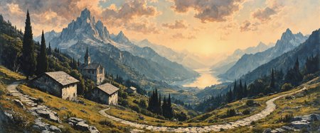 A breathtaking watercolor painting capturing Andorran Pyrenees bathed in golden alpenglow at sunset. Majestic jagged peaks rise dramatically against a sky swirled with amber, violet and coral hues. Ancient stone villages with Romanesque church towers nestle in verdant valleys, surrounded by pine forests and alpine meadows dotted with vibrant wildflowers. Crystalline mountain lakes reflect the fiery sky, creating perfect mirror images of the surrounding peaks. Rocky outcrops and glacial formations create dramatic shadows across snow-dusted summits. Traditional shepherd huts with slate roofs blend harmoniously into the landscape. The foreground features a winding mountain path bordered by blooming gentians and edelweiss. A distant waterfall cascades down steep granite cliffs. Atmospheric perspective creates layers of mountains fading into misty blue distances. Hyper-detailed brushwork captures the texture of rock, stone, and vegetation in this 8K photorealistic rendering of Andorra's pristine alpine wilderness. <lora:Mezzotint_Artstyle_for_Flux_-_by_Ethanar:0.8> <lora:Illustration concept V1:0.6> <lora:CPA:0.1> <lora:flux_dev:1>
