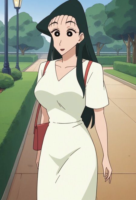 (1girl:1.3), (score_9, score_8_up, score_7_up, score_6_up, score_5_up, score_4_up), (source_anime), rating_questionable, (cowboy shot:1.3), smile, <lora:ohara_nanako_v6:1> (ohara-nanako, black eyes, green hair, long hair, slicked back hair, forehead), (large breasts),  outdoors, park, garden, walking, open mouth,  arm up, white shirt, long skirt, porch,