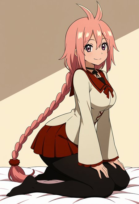 masterpiece, best quality, solo, curvy, beautiful eyes, large breasts, aged up, narrow waist, wide hips, 1girl, solo, smile, looking at viewer,   zzKaede, pink eyes, hair between eyes, ahoge, antenna hair, long hair, pink hair, single braid,  school uniform, choker, sleeves past wrists, red skirt, black pantyhose,   ,<lora:KaedeByKurumiErika_IXL:1.0>, kneeling, side view, hand on thigh, smile, looking at viewer,