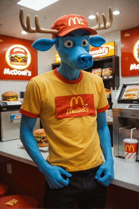 score_9, score_8_up, score_7_up, source_photo,  1boy, solo, Lumpy, tall, blue skin, uneven antlers, big nose, moose, circular eyes,  thin, slim, skinny, (mcdonalds uniform:1.3), mcdonalds cap, black pants,   mcdonalds, (behind counter:1.3), cash register,  natural lighting, five fingers,