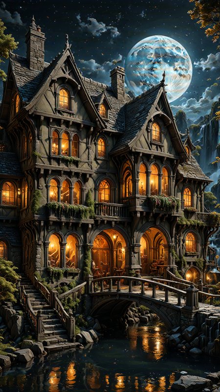 photorealism, intricate details, extremely detailed, masterpiece, masterpiece, Outstanding intricacies, best quality, hires textures, high detail, incredibly detailed, Cinematic Lighting, at night, A hobbits Mansion, River, Bridge, waterfall, Large Marble Moon, intricately detailed, true masterpiece, UHD, vibrant neon, studio quality Overall Detail, Painstaking attention to details, Epic, UHD , <lora:3D_Framed_Wall_Art_-_By_DICE:1>. (3D Framed, Moon), (Use Dream Diffusion Secret Prompt)