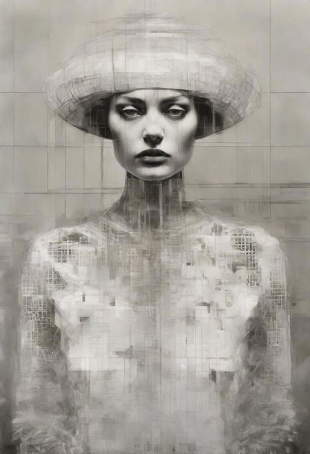 Monochrome black and white, Giger, Beksinski, Zawadzky, Dali, Magritte, Delvaux, Bellmer, Malevitch, Rodchenko, Mondrian, Kandinsky, Popovna, psychedelic hallucination, pop surrealism, rough crosshatch drawing pop art Lunatic_Portrait of a young woman in latex Avant-garde Fashion page, slick back, low bun, black makeup, sinister expression, intense glare, avant-garde, abstract, weird, geometric, constructivism, suprematism, rayonism, verticism, lineism, tj