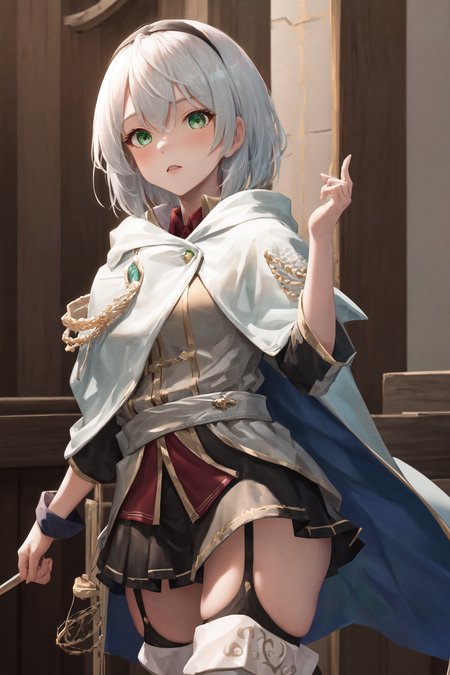 masterpiece, best quality, highres, 1girl amnesia green eyes short hair, white cape black skirt pleated skirt white jacket red shirt garter straps black thighhighs thigh boots <lora:amnesia:1> standing, hands in pocket